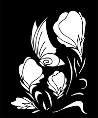 white graphic contour drawing of a bouquet of flowers on a black background, design