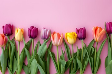 Vibrant Tulips Adorning Soft Pink Backdrop, Perfect For Customization