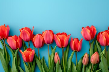 Capturing The Essence Of Spring: Serene Blue Backdrop Enhances Vibrant Tulips, Evoking Joy