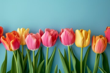 Vibrant Tulips Enhance Serene Blue Backdrop, Evoking The Joy Of Spring