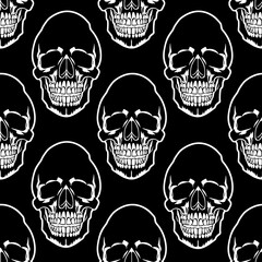 seamless symmetrical pattern of white human skulls on a black background, texture, design