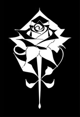 white graphic drawing of a rose flower with leaves on a black background, logo