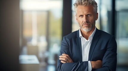 Fototapeta premium The male businessman with crossed arms stood looking away, the pensive businessman thought