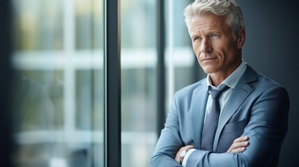 The male businessman with crossed arms stood looking away, the pensive businessman thought