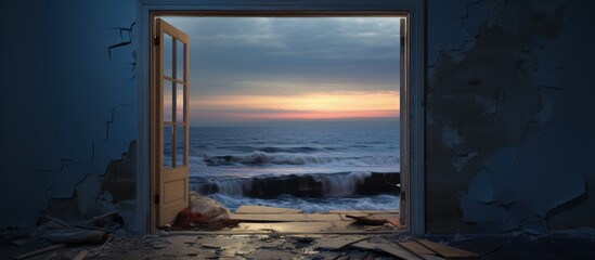 Ocean view from a damaged doorway
