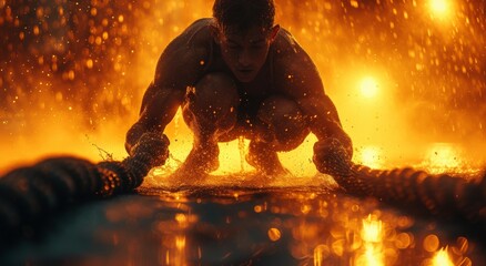 A brave firefighter battles the scorching heat of a raging outdoor fire, pulling a rope to contain the flames and protect the people in danger