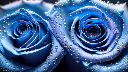 Roses bleues en gouttes de rosée, fond floral, fleur bleu - obrazy, fototapety, plakaty