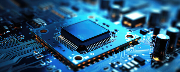 Digital Microprocessor. Computer Controller Circuit Board closeup Main Central Processing Unit Electronic Chips with Data Signal Lane