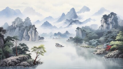 Mountains, forest and river Chinese traditional painting watercolor background