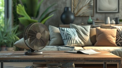 Contemporary Living - Interior view with a sleek electric fan on a wooden table for comfort