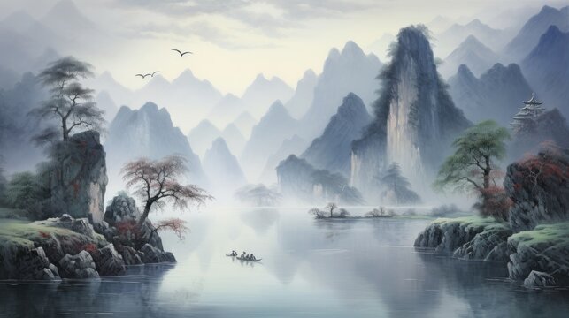 Mountains, forest and river Chinese traditional painting watercolor background