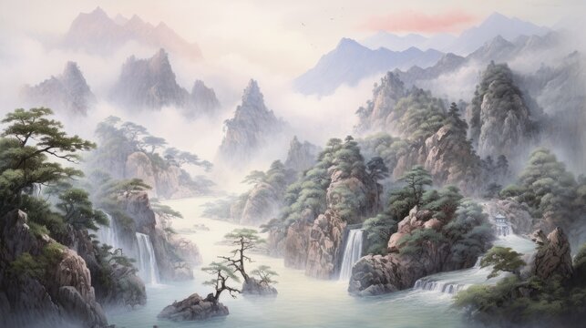 Mountains, forest and river Chinese traditional painting watercolor background