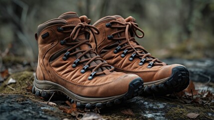 Robust hiking boots on forest ground, adventure and exploration theme