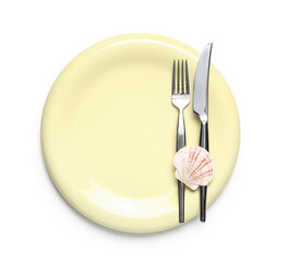 Beautiful table serving with marine decor isolated on white background