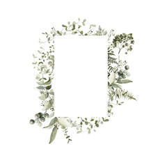 Watercolor floral frame. Hand painted border of greenery, wildflowers, herbs. Green leaves, branches, foliage, eucalyptus leaf isolated on white background. Botanical illustration for design, print