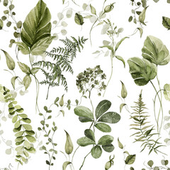 Watercolor floral seamless pattern. Hand painted forest greenery, wildflowers. Green leaves, branches, foliage isolated on white background. Botanical illustration for fabric, paper pack, textile
