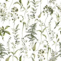 Watercolor floral seamless pattern. Hand painted forest greenery, wildflowers. Green leaves, branches, foliage isolated on white background. Botanical illustration for fabric, paper pack, textile