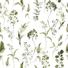 Fototapeta na wymiar Watercolor floral seamless pattern. Hand painted forest greenery, wildflowers. Green leaves, branches, foliage isolated on white background. Botanical illustration for fabric, paper pack, textile