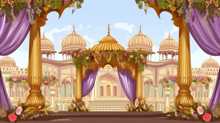 Illustration of Indian wedding mandap with arch design and floral elements - obrazy, fototapety, plakaty