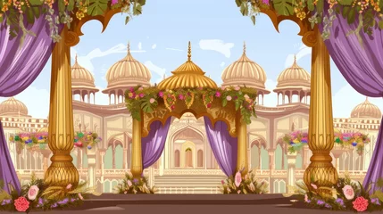Tuinposter Illustration of Indian wedding mandap with arch design and floral elements © Yash