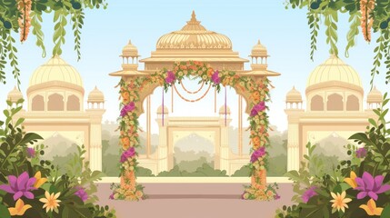 indian wedding mandap illustration, traditional theme with floral decor and arch - obrazy, fototapety, plakaty