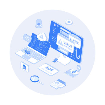 Errors detected. Computer viruses, hacker attack, 404 error page not found. Alert messages, bugs, infected files, spam. Vector outline illustration with isometry scene for web graphic
