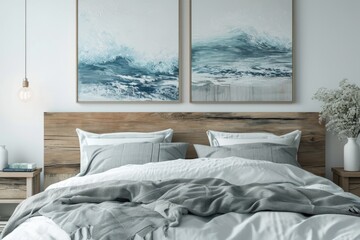 Fototapeta na wymiar Coastal Comfort: Modern Bedroom Interior with Sea Landscape Wall Art