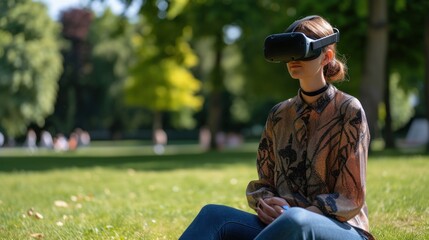person sitting in a park, immersed in a virtual reality experience, digital and natural worlds