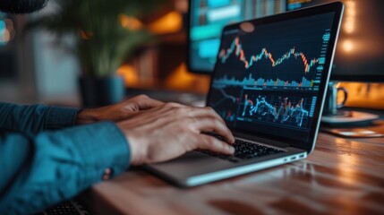 professional trader working on a laptop during the day, navigating financial markets