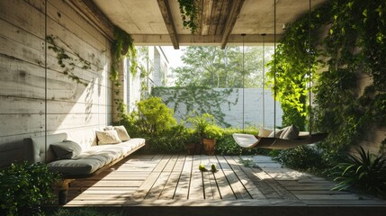 Serene Summer Escape: Suspended Sofa in a Lush Garden Terrace