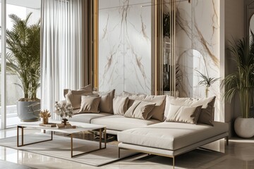 Luxurious Minimalist Living Room with Soft Beige Furniture and Marble Accents
