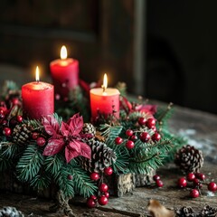Fototapeta na wymiar Rustic Christmas - Classic Advent Wreath with Candles and Gold Ornaments on Wooden Table