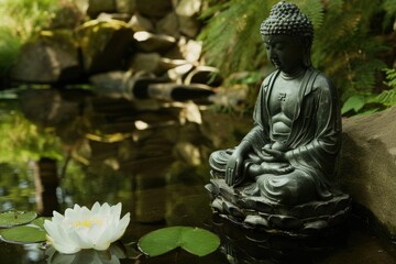 Buddha Statue Serenity: Peaceful Forest Lotus Pond Meditation
