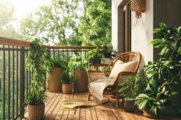 Fototapeta na wymiar Boho Chic Balcony: Beige Interior Design with Modern Furniture and Luxe Architecture