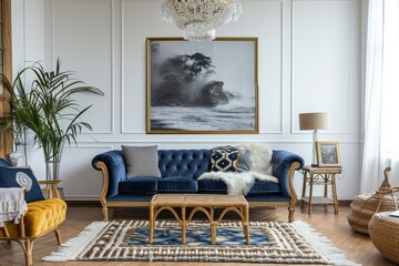 Modern Elegance: Navy Blue Velvet Armchair in a White Room