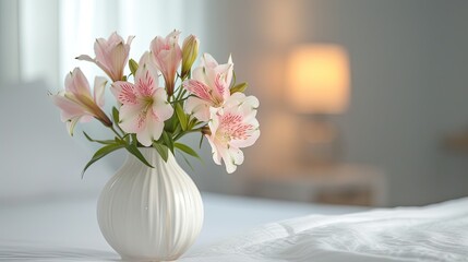 Floral Elegance - Vase with beautiful alstroemeria flowers on a bedside table in a stylish bedroom