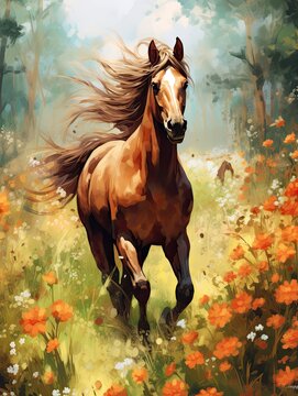 Horse painting of elegance brown running in flower forest. Wallpaper, canvas