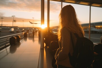 Red haired woman at the airport. Travel lifestyle. Women waiting for delayed flights in airport lounges stand with luggage watching the sunset - obrazy, fototapety, plakaty