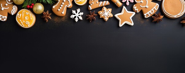 Beautiful Christmas decoration with amazing gingerbread cookies. Merry christmas theme. Christmas greeting card over black background, top view. Flat lay with copy space for xmas greetings.