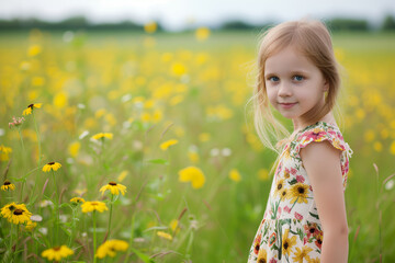 Naklejka na ściany i meble girl in a bright dress on a summer field
