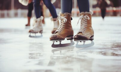 Close up photo of skates on feet on ice with amazing background. Skating on ice in winter
