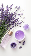 Flat lay vertical composition with lavender flowers and natural cosmetic on white background