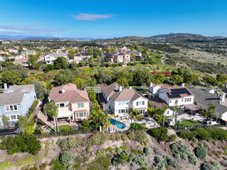 Aerial view of large-scale villa in wealthy residential town of Carlsbad, South California, USA....