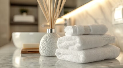 Fototapeta na wymiar Spa Indulgence - White towels and an aroma diffuser on a white marble table, creating a serene bathroom ambiance