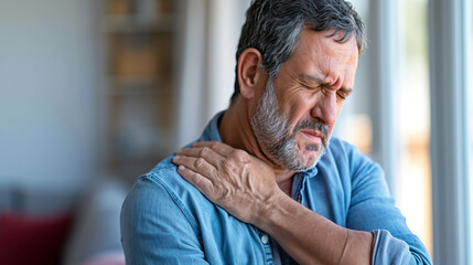 older man with shoulder pain holding his shoulder
