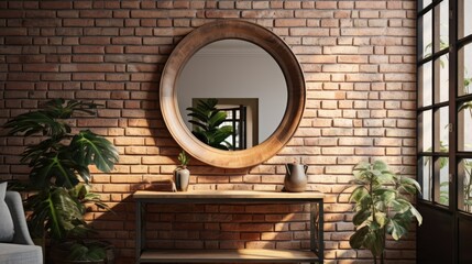 Decor near brick wall in interior hallway with large round mirror and table.