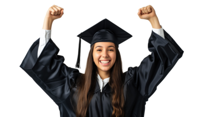 Graduate Day. Happy and cheerful young woman wearing a graduation cap raised her hands up while standing on transparent background