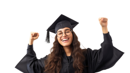 Graduate Day. Happy and cheerful young woman wearing a graduation cap raised her hands up while standing on transparent background