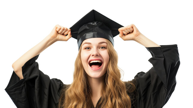 Graduate Day. Happy and cheerful young woman wearing a graduation cap raised her hands up while standing on transparent background