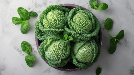 Pile the cabbage in a bowl on the table. Top view. - obrazy, fototapety, plakaty